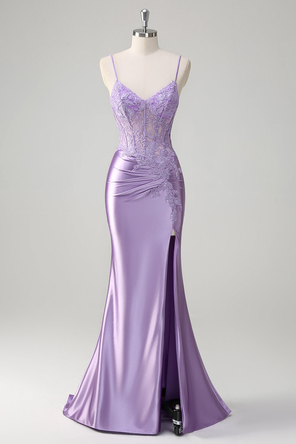 Zapaka Women Lilac Formal Dress with Appliques Mermaid Spaghetti Straps Long Split Front Evening Dress