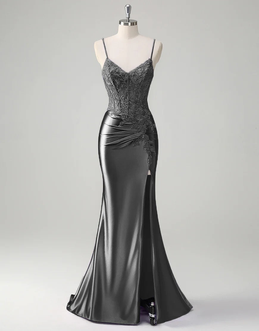 Lilac Mermaid Spaghetti Straps Long Formal Dress with Appliques