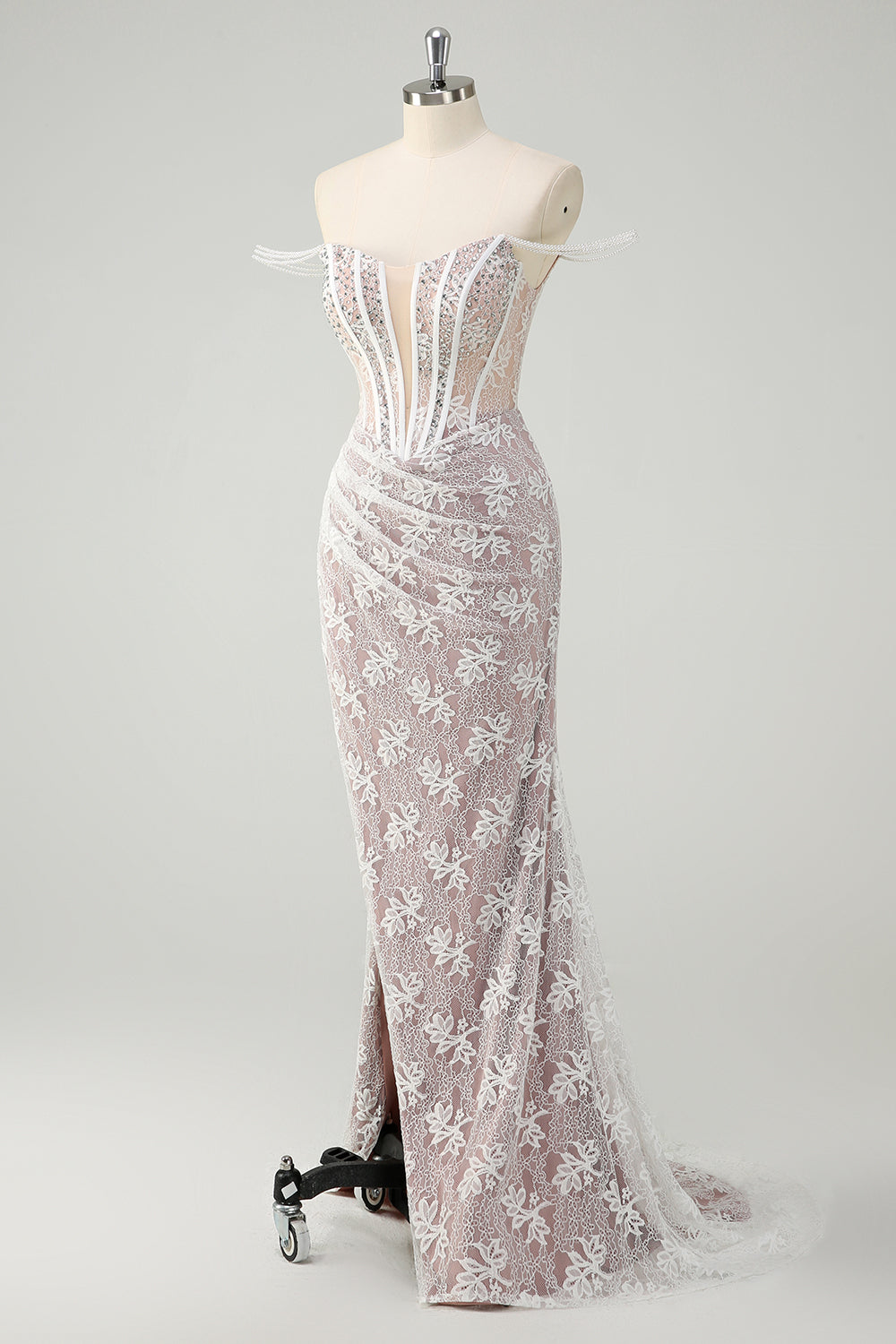 Sparkly White Mermaid Off the Shoulder Beaded Lace Corset Ruched Formal Dress with Slit