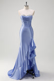 Sparkly Grey Blue Mermaid Strapless Ruffle Corset Satin Long Formal Dress with Slit
