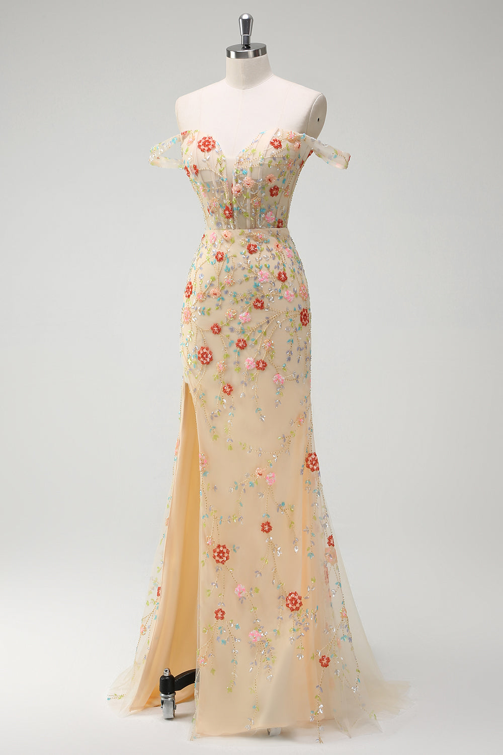 Sparkly Champagne Mermaid Off the Shoulder Floral Corset Long Formal Dress with Slit