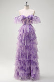 Lilac A-Line Off the Shoulder Corset Floral Ruffles Long Formal Dress with Slit