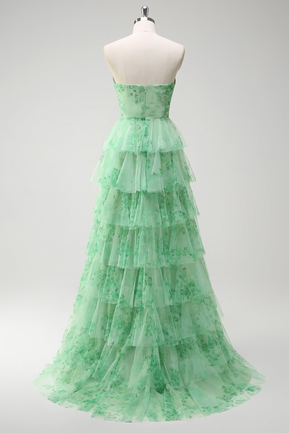 Green A-Line Strapless Floral Flower Ruffles Long Formal Dress with Slit