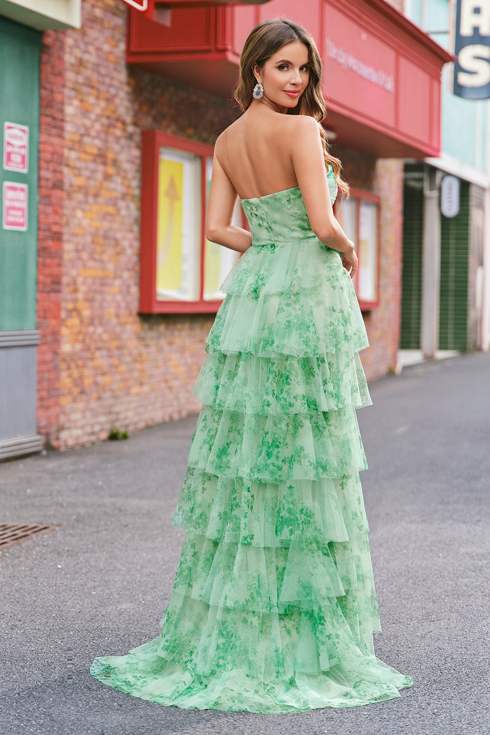 Green Floral A Line Strapless Ruffles Long Formal Dress with Slit