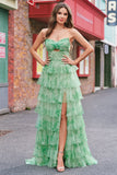 Green Floral A Line Strapless Ruffles Long Formal Dress with Slit