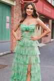 Green Floral A Line Strapless Ruffles Long Formal Dress with Slit