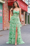 Green Floral A Line Strapless Ruffles Long Formal Dress with Slit