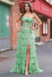Green Floral A Line Strapless Ruffles Long Formal Dress with Slit