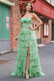 Green Floral A Line Strapless Ruffles Long Formal Dress with Slit