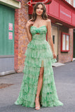 Green Floral A Line Strapless Ruffles Long Formal Dress with Slit