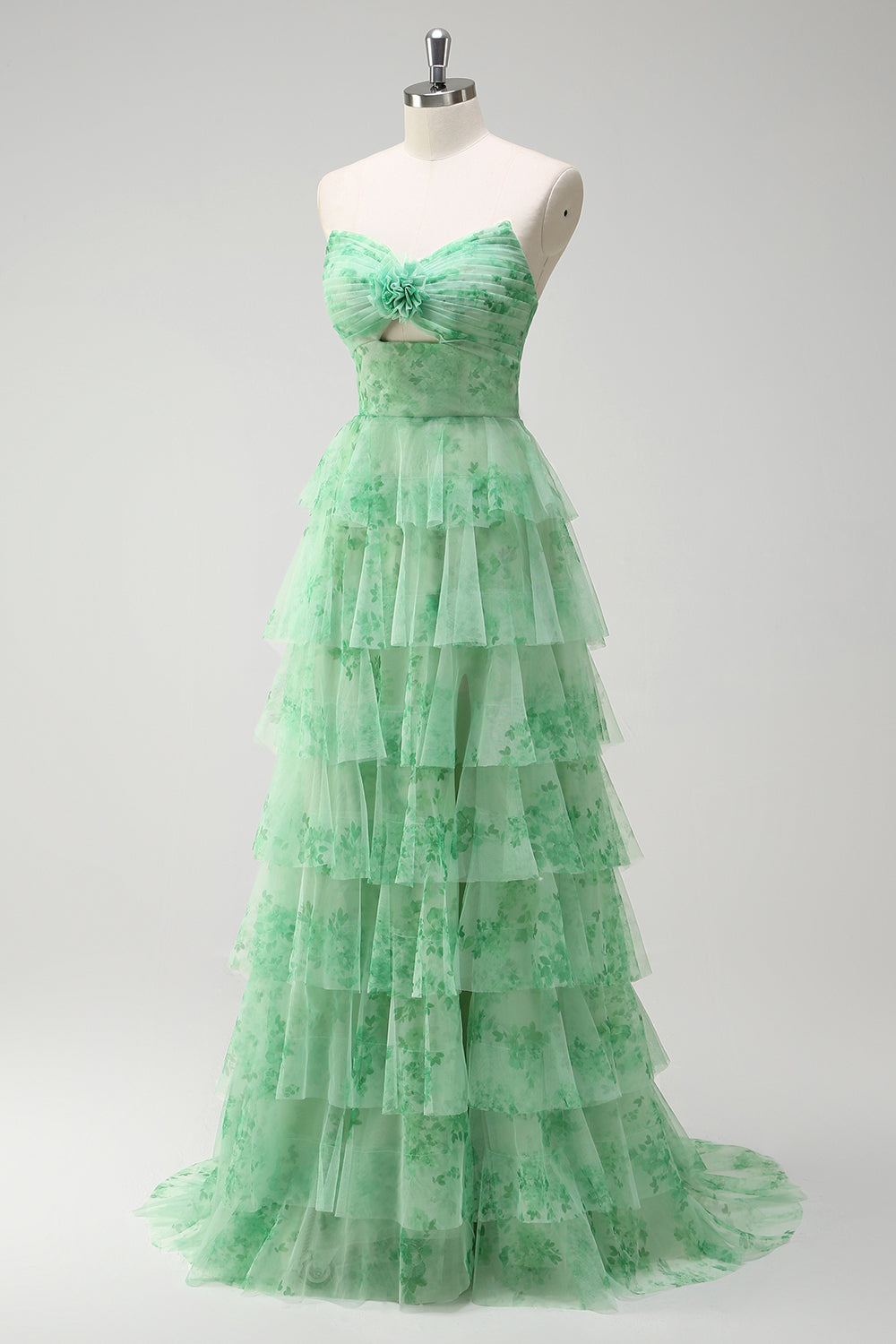 Green A-Line Strapless Floral Flower Ruffles Long Formal Dress with Slit