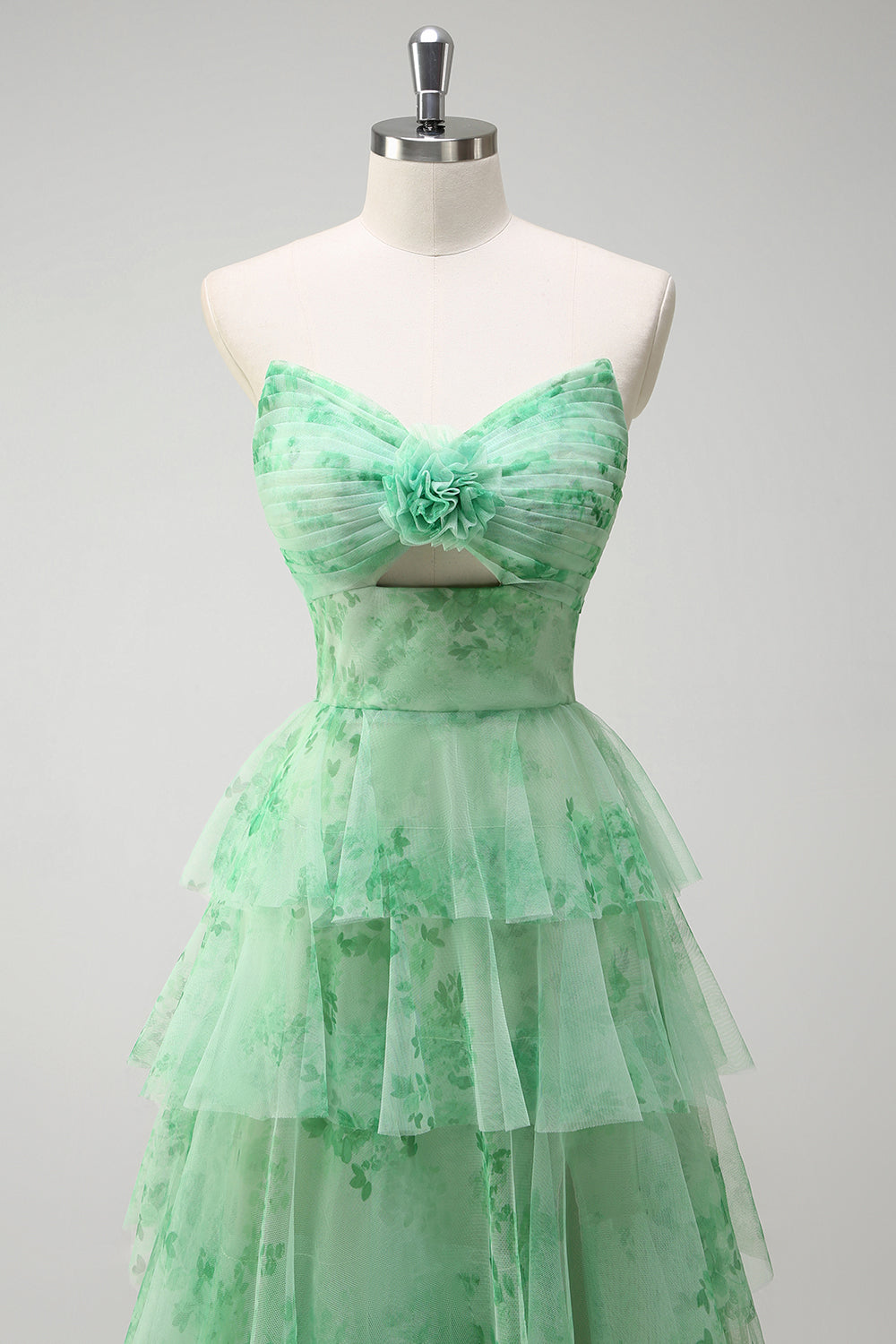 Green A-Line Strapless Floral Flower Ruffles Long Formal Dress with Slit