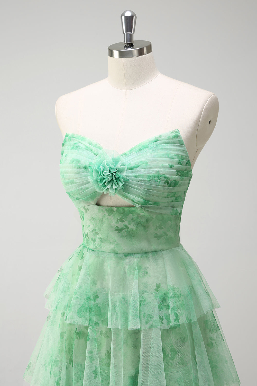 Green A-Line Strapless Floral Flower Ruffles Long Formal Dress with Slit