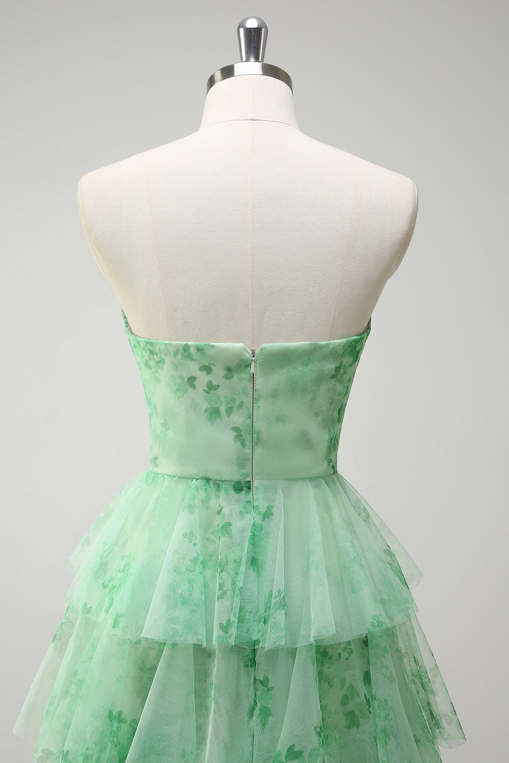 Green A-Line Strapless Floral Flower Ruffles Long Formal Dress with Slit