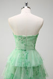 Green A-Line Strapless Floral Flower Ruffles Long Formal Dress with Slit