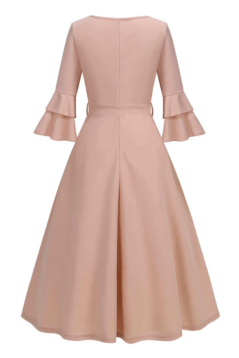 Apricot A-Line V-neck Half Sleeves Midi 1950s Dress