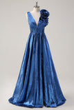 Royal Blue A Line Deep V-Neck Metallic Formal Dress with Flowers