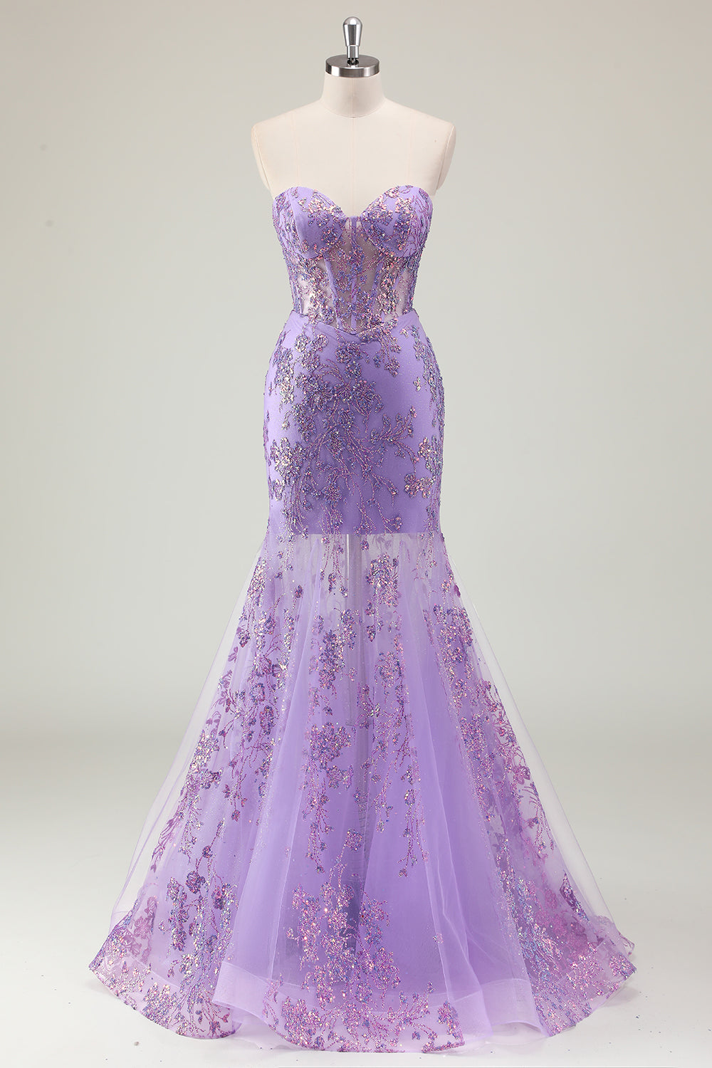 Purple Mermaid Corset Strapless Long Formal Dress with Appliques