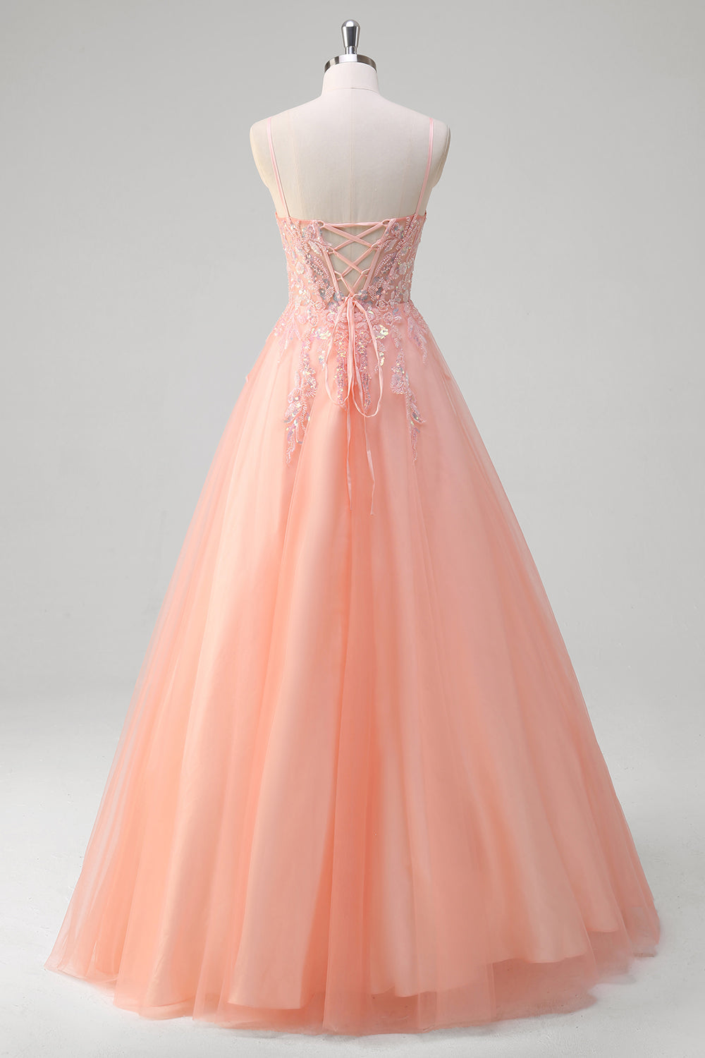 Sparkly Peach A-Line Corset Floral Tulle Long Formal Dress with Beaded