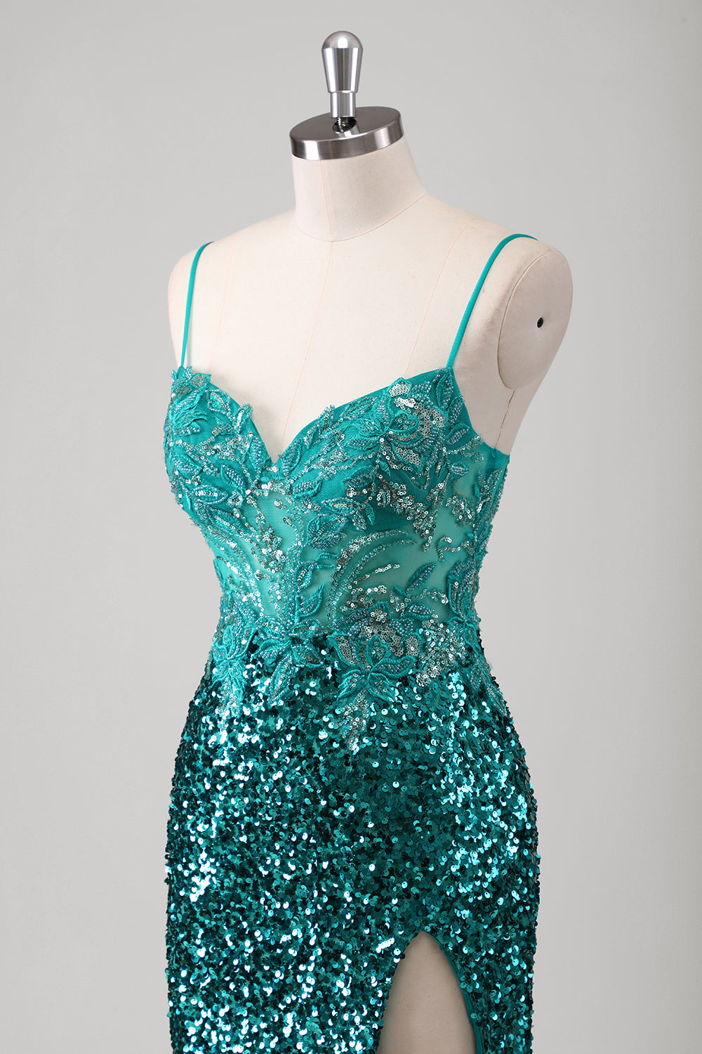 Peacock Green Mermaid Spaghetti Straps Long Formal Dress With Sequins