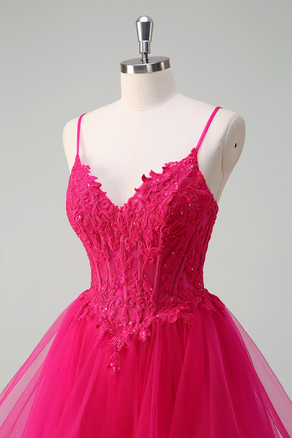 Hot Pink Appliques Corset Spaghetti Straps A Line Spiral Ruffles Formal Dress