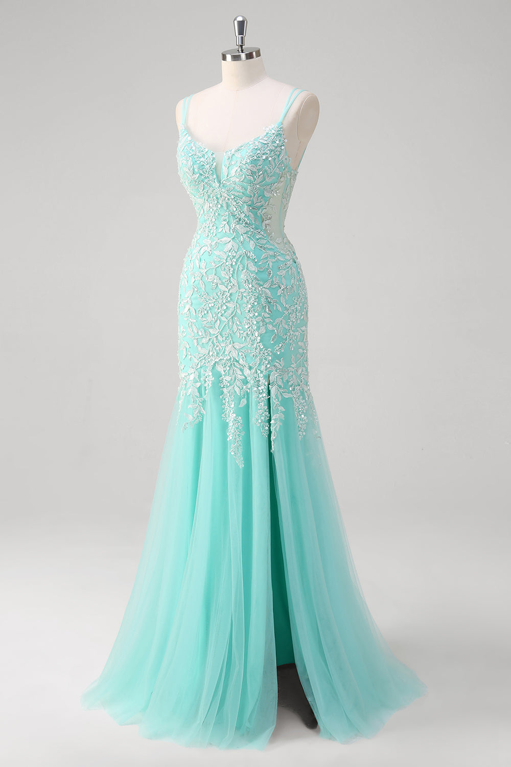 Sparkly Mint Mermaid Lace Long Formal Dress with Slit