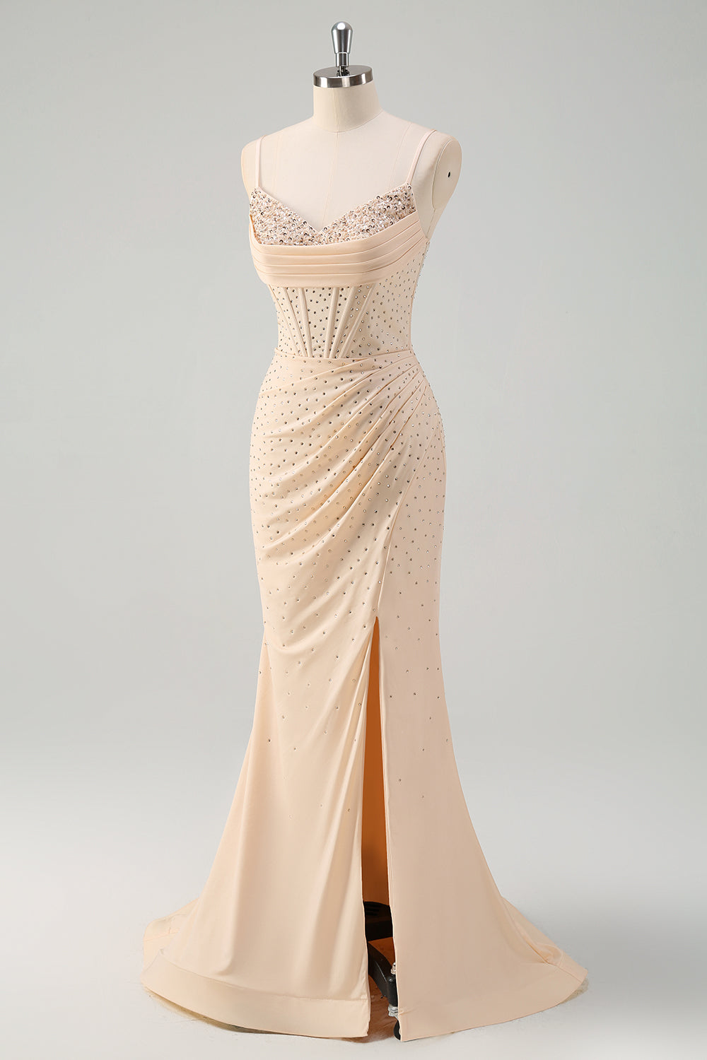 Glitter Yellow Mermaid Spaghetti Straps Beaded Long Corset Formal Dress with Slit