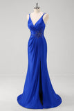 Sparkly Royal Blue Mermaid Spaghetti Straps Long Formal Dress With Slit