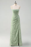 Dusty Sage Mermaid Floral Corset Ruched Long Formal Dress with Slit