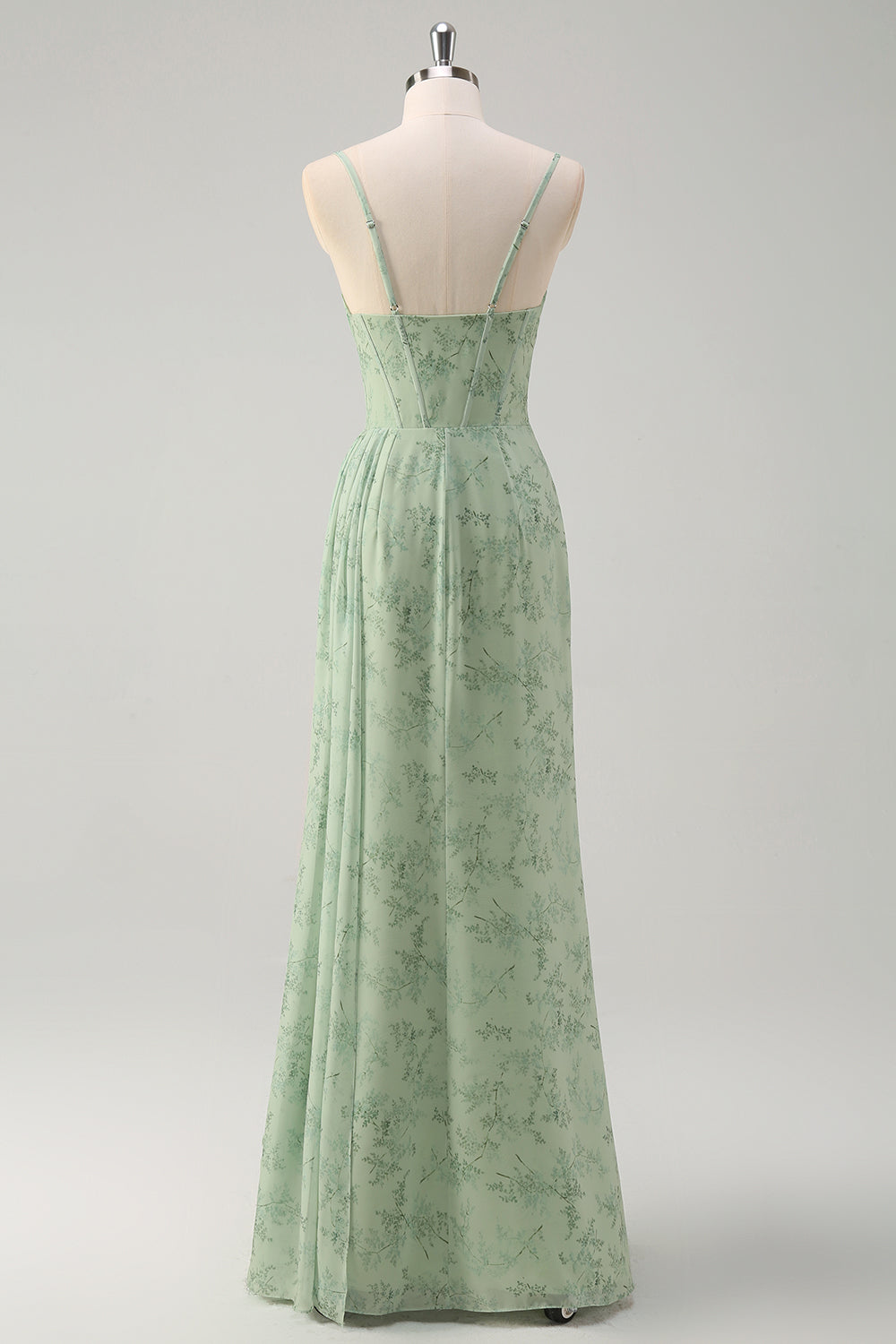 Dusty Sage Mermaid Floral Corset Ruched Long Formal Dress with Slit