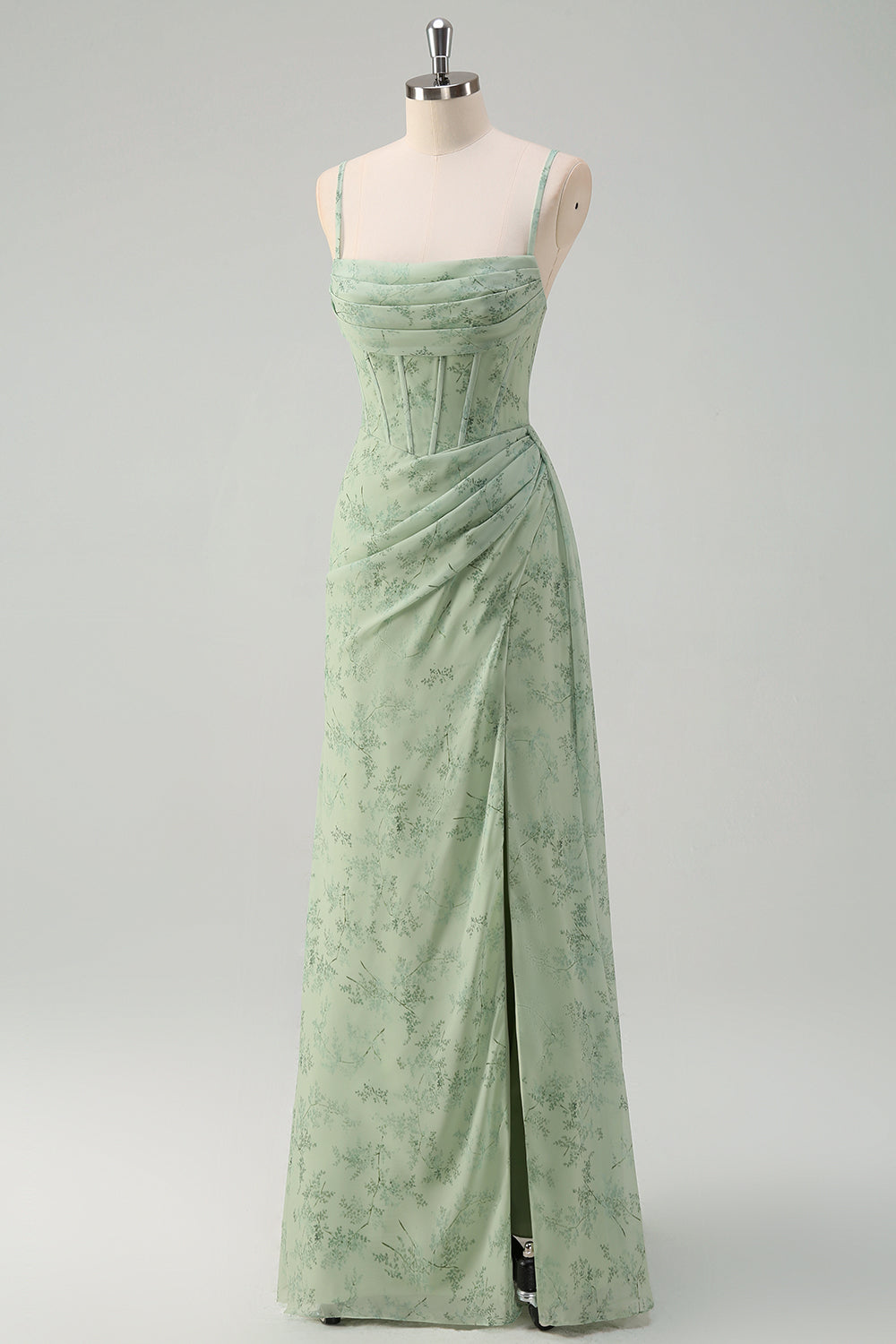 Dusty Sage Mermaid Floral Corset Ruched Long Formal Dress with Slit