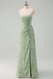 Dusty Sage Mermaid Floral Corset Ruched Long Formal Dress with Slit