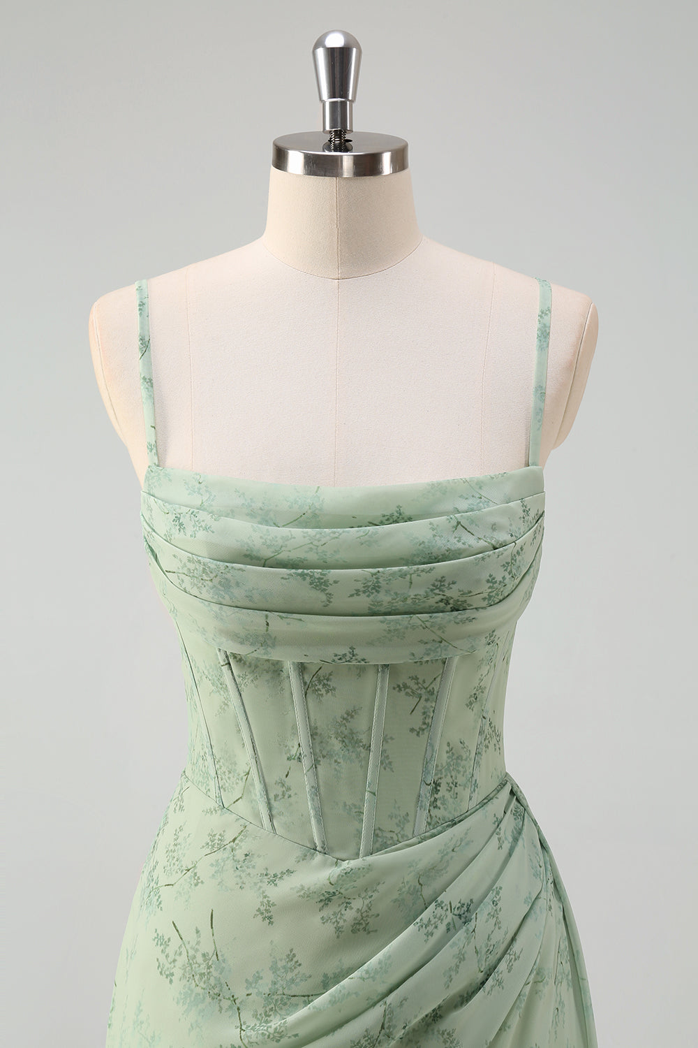 Dusty Sage Mermaid Floral Corset Ruched Long Formal Dress with Slit