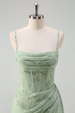 Dusty Sage Mermaid Floral Corset Ruched Long Formal Dress with Slit