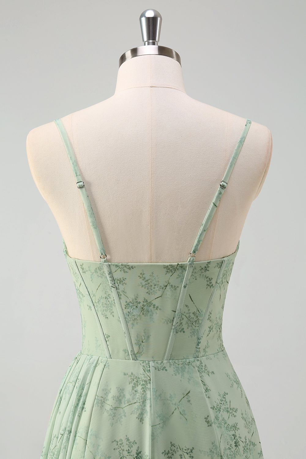 Dusty Sage Mermaid Floral Corset Ruched Long Formal Dress with Slit