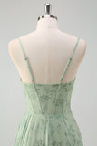 Dusty Sage Mermaid Floral Corset Ruched Long Formal Dress with Slit
