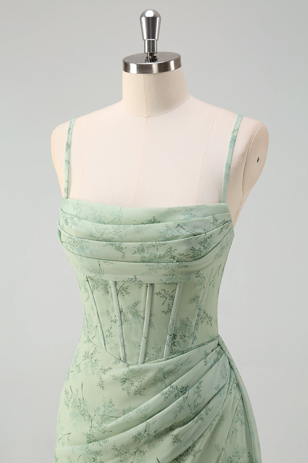 Dusty Sage Mermaid Floral Corset Ruched Long Formal Dress with Slit