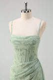 Dusty Sage Mermaid Floral Corset Ruched Long Formal Dress with Slit