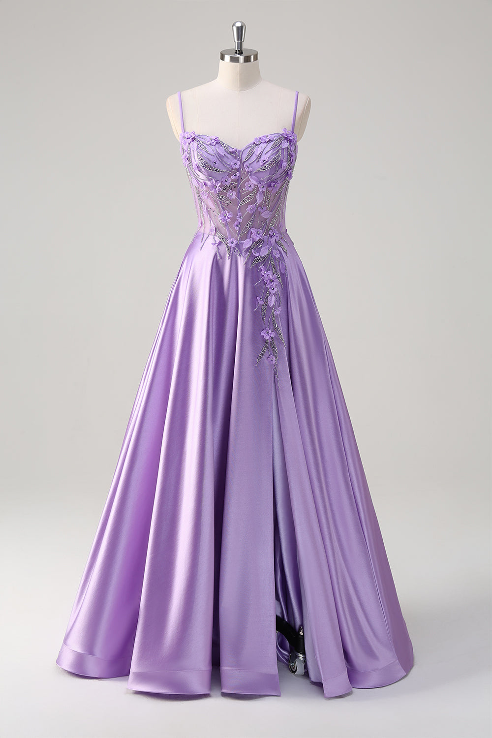 Purple A Line Spaghetti Straps Floral Long Formal Dress with Slit