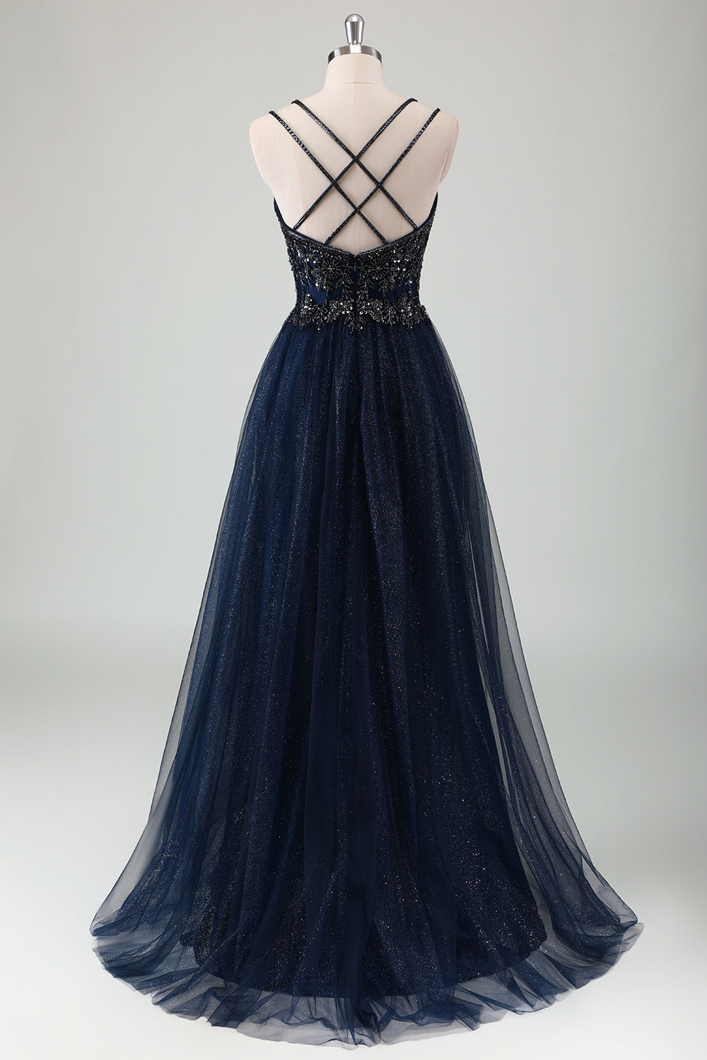 Sparkly Navy Spaghetti Straps A Line Long Formal Dress with Sequins