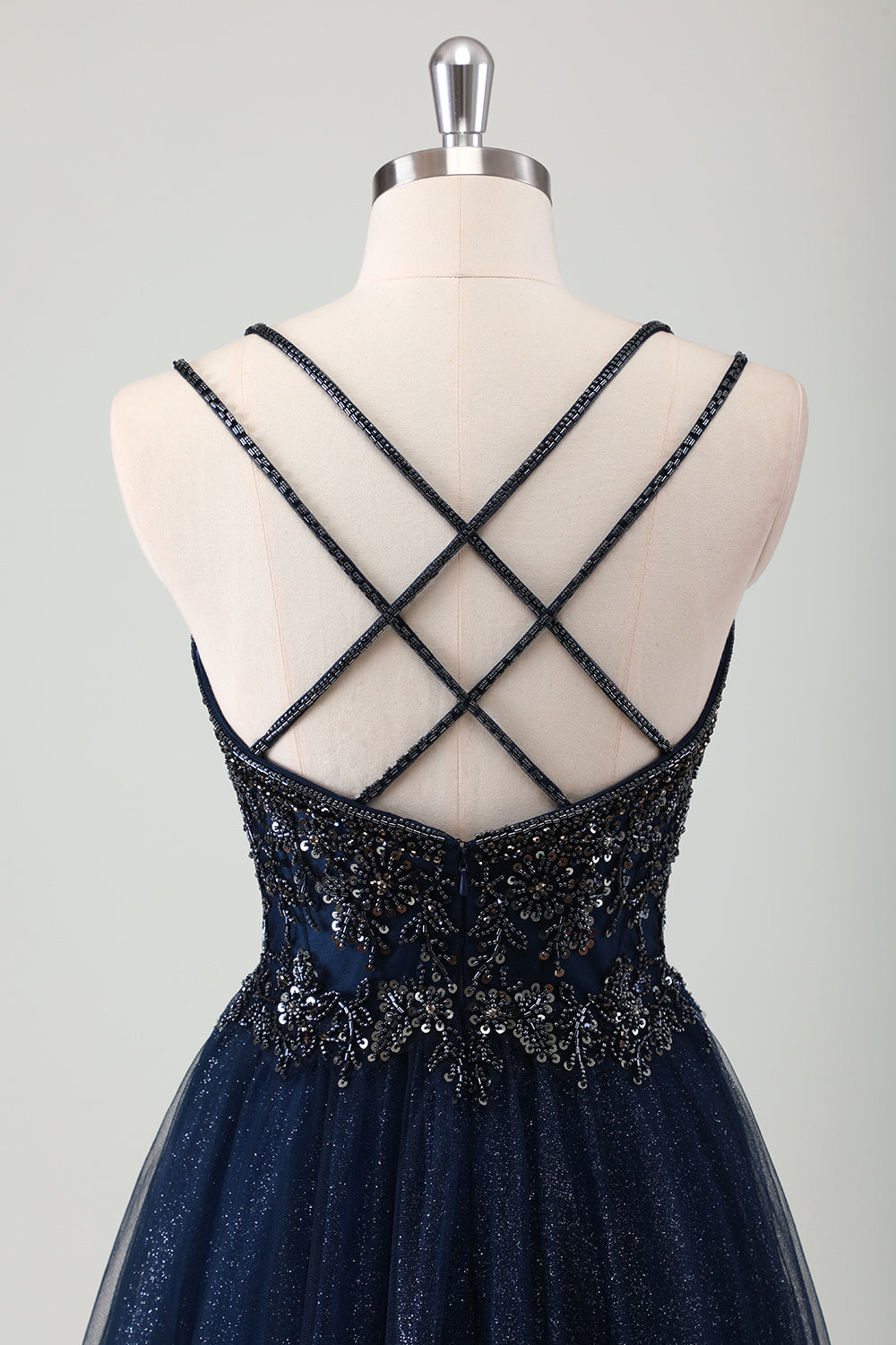 Sparkly Navy Spaghetti Straps A Line Long Formal Dress with Sequins