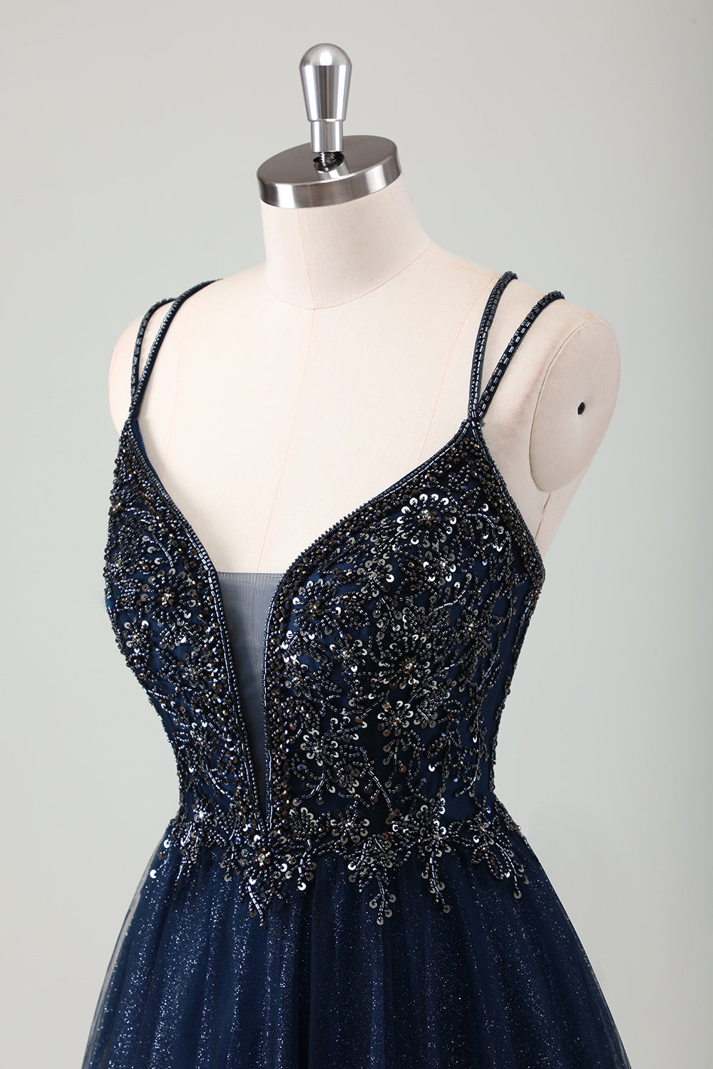 Sparkly Navy Spaghetti Straps A Line Long Formal Dress with Sequins