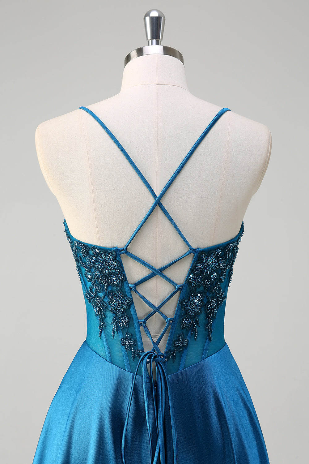 Glitter Blue Corset Spaghetti Straps Long Formal Dress With Sequins