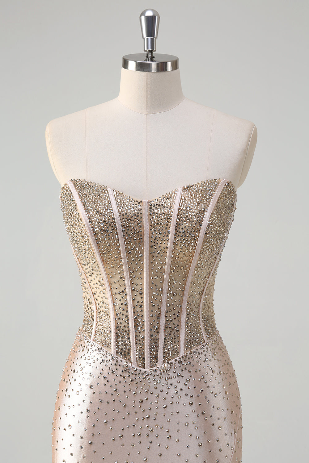 Champagne Mermaid Strapless Corset Long Formal Dress With Beading