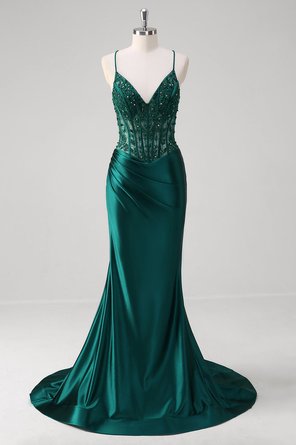 Dark Green Mermaid Pleated Sequin Corset Long Formal Dress With Lace Up Back