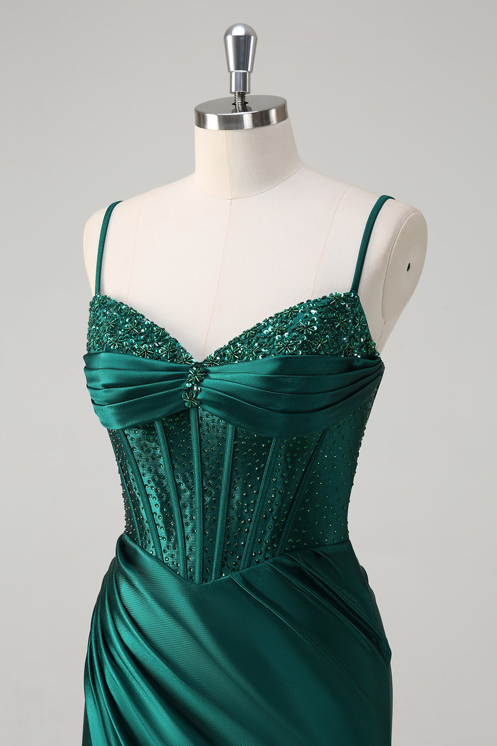 Sparkly Dark Green Mermaid Corset Beaded Long Formal Dress with Slit