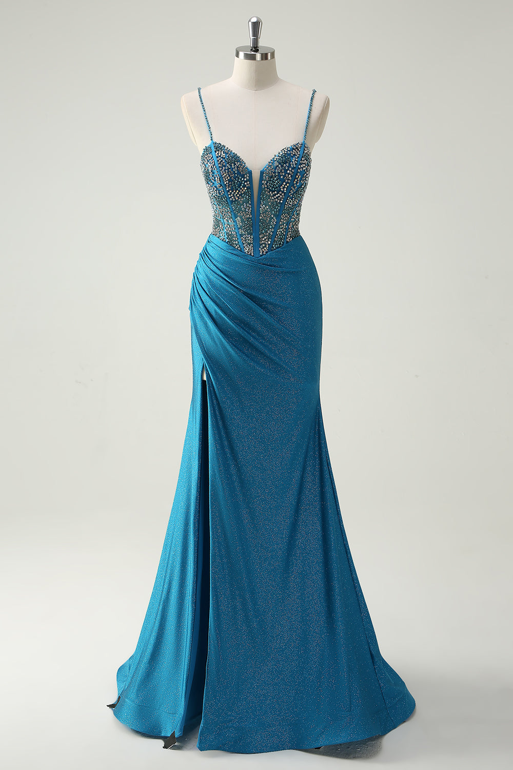 Sparkly Blue Spaghetti Straps V-Neck Ruched Long Evening Dress with Beading