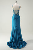 Sparkly Blue Spaghetti Straps V-Neck Ruched Long Evening Dress with Beading