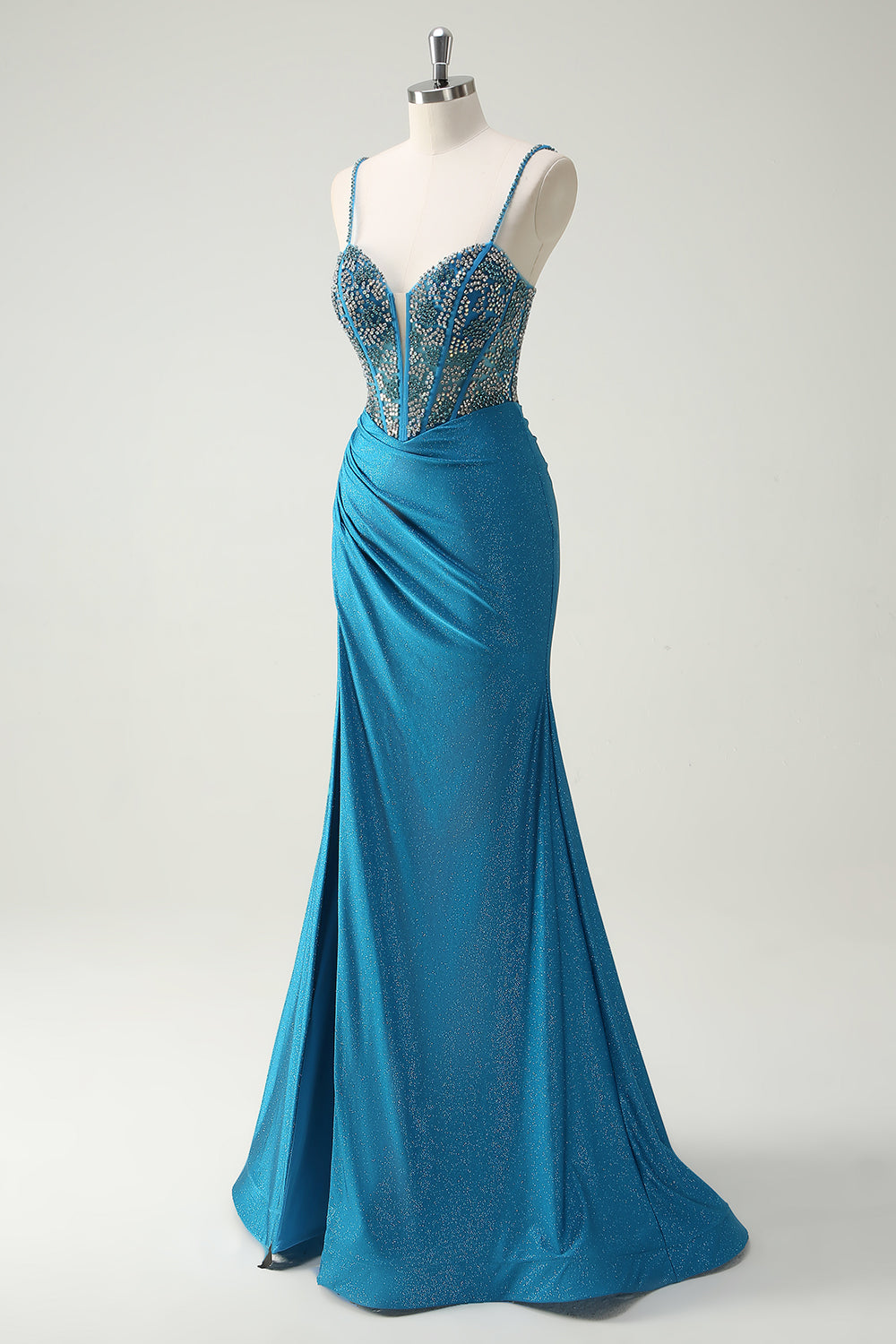 Sparkly Blue Spaghetti Straps V-Neck Ruched Long Evening Dress with Beading