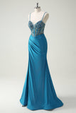Sparkly Blue Spaghetti Straps V-Neck Ruched Long Evening Dress with Beading